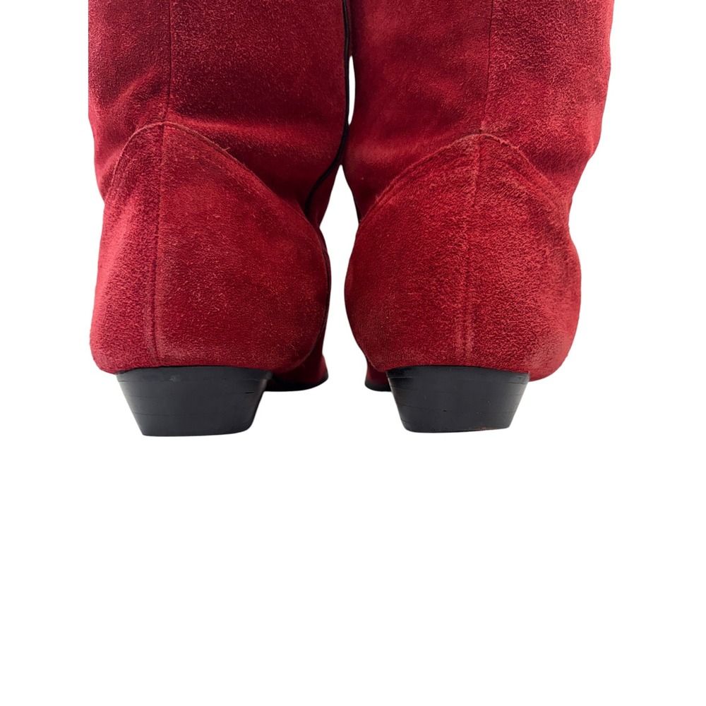 Red Suede Tall Western Cowboy Slouch Boots Women Size 8.5 Low Heel V-Cut Topline - Picture 6 of 10